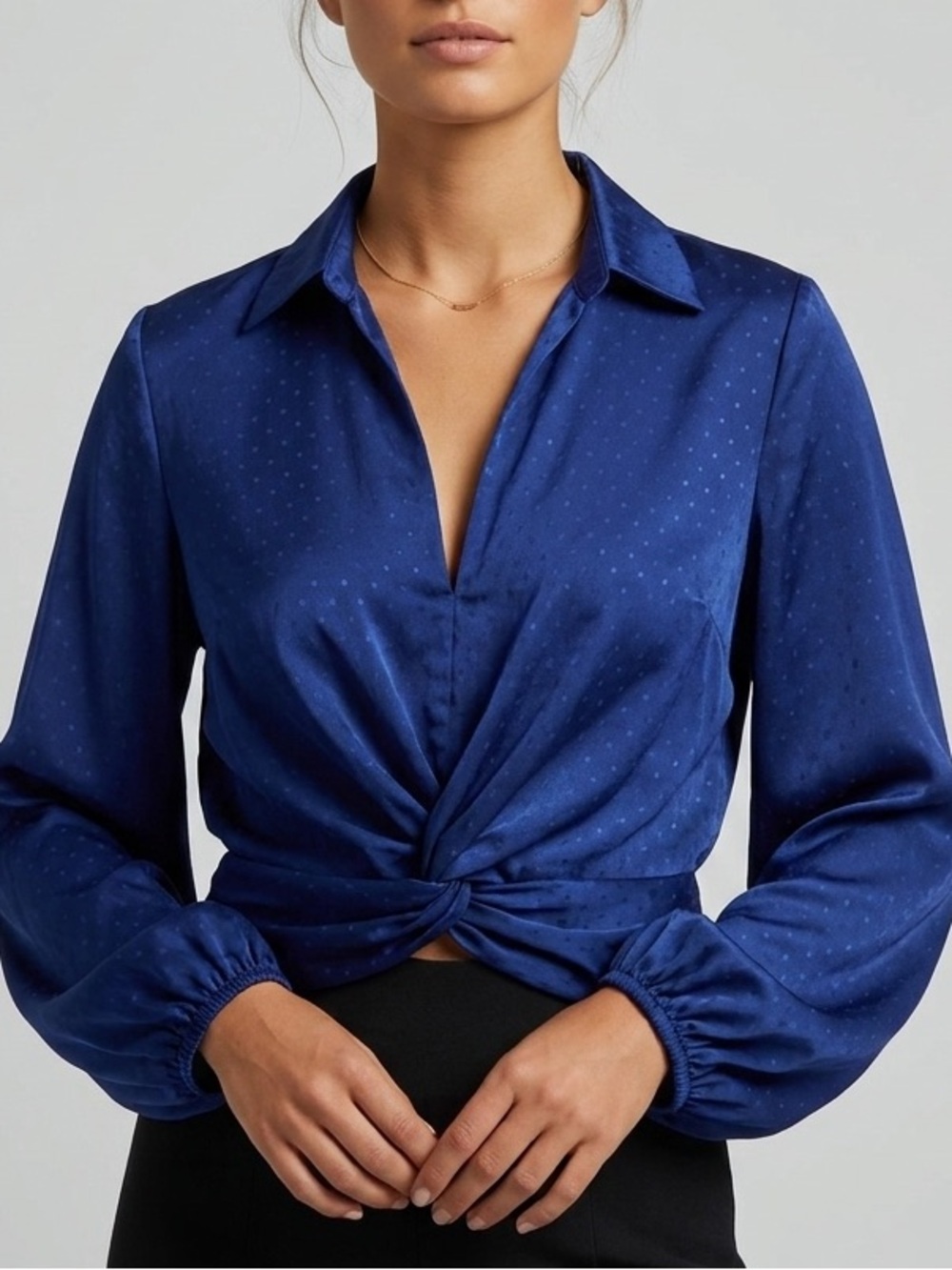 NEW Anthropologie Pleione blouse top Navy Twist Collared Long Sleeve LARGE